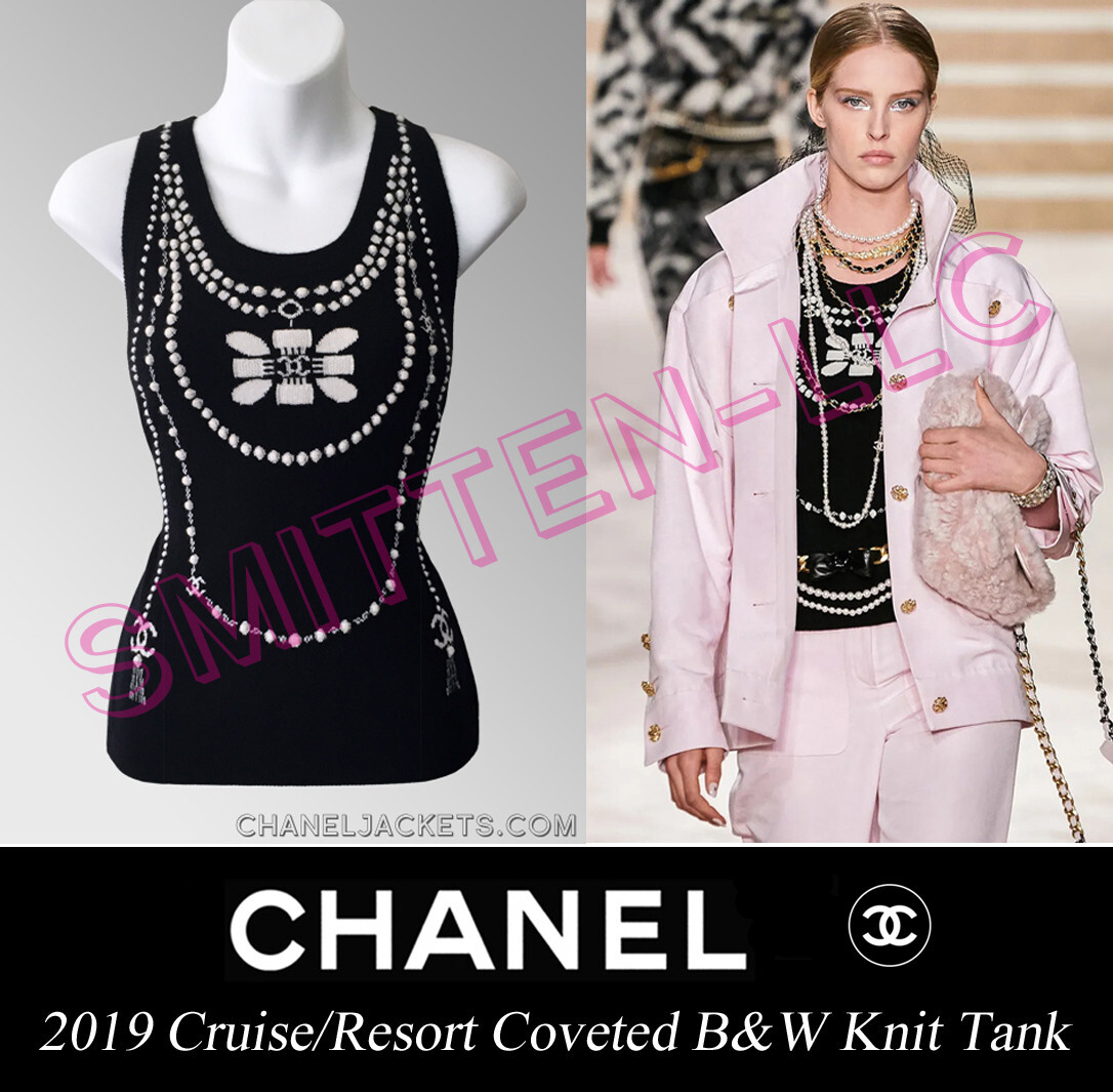 $2,650 CHANEL 20PF Black White Pearl CC Cashmere TANK TOP