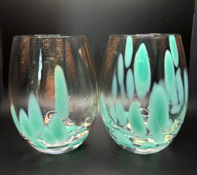 Fitz & Floyd Simone Stemless Wine Glasses Turquoise Gold Shimmer Art Glass