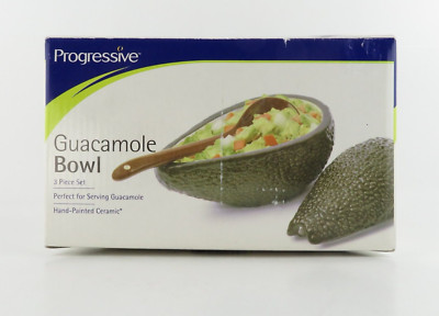Progressive Ceramic Guacamole Bowl w/ Spoon -Avocado Shaped- 3 PC Serving Set