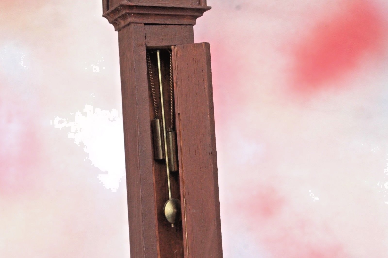 Dollhouse Grandfather Clock, Wood with gold tone metal pendulum in Cabinet