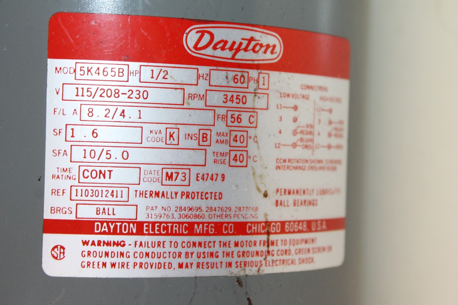 Dayton Motor 5K465B - 1/2 HP - 60 Hz - PH 1 - 115/208-230 V - 3450 RPM -