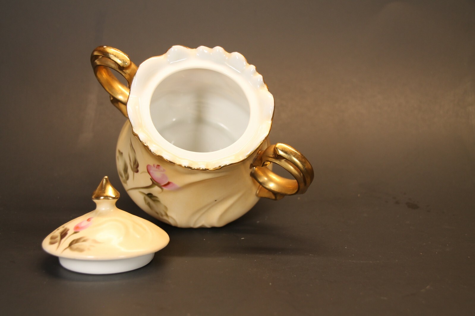 VINTAGE LEFTON CHINA SUGAR BOWL TAUPE ROSES WHITE PINK GOLD