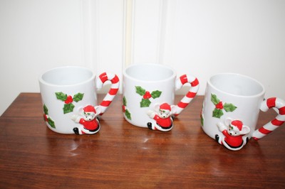 Vintage 3 Set Fitz & Floyd 3D Christmas Mouse  Mug Cup Candy Cane 8oz NEW Tag