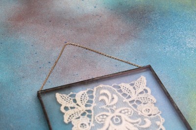 Vintage Lace under Glass Copper Frame with Chain Hanger, 4” x 5” FREE SHIPPING!