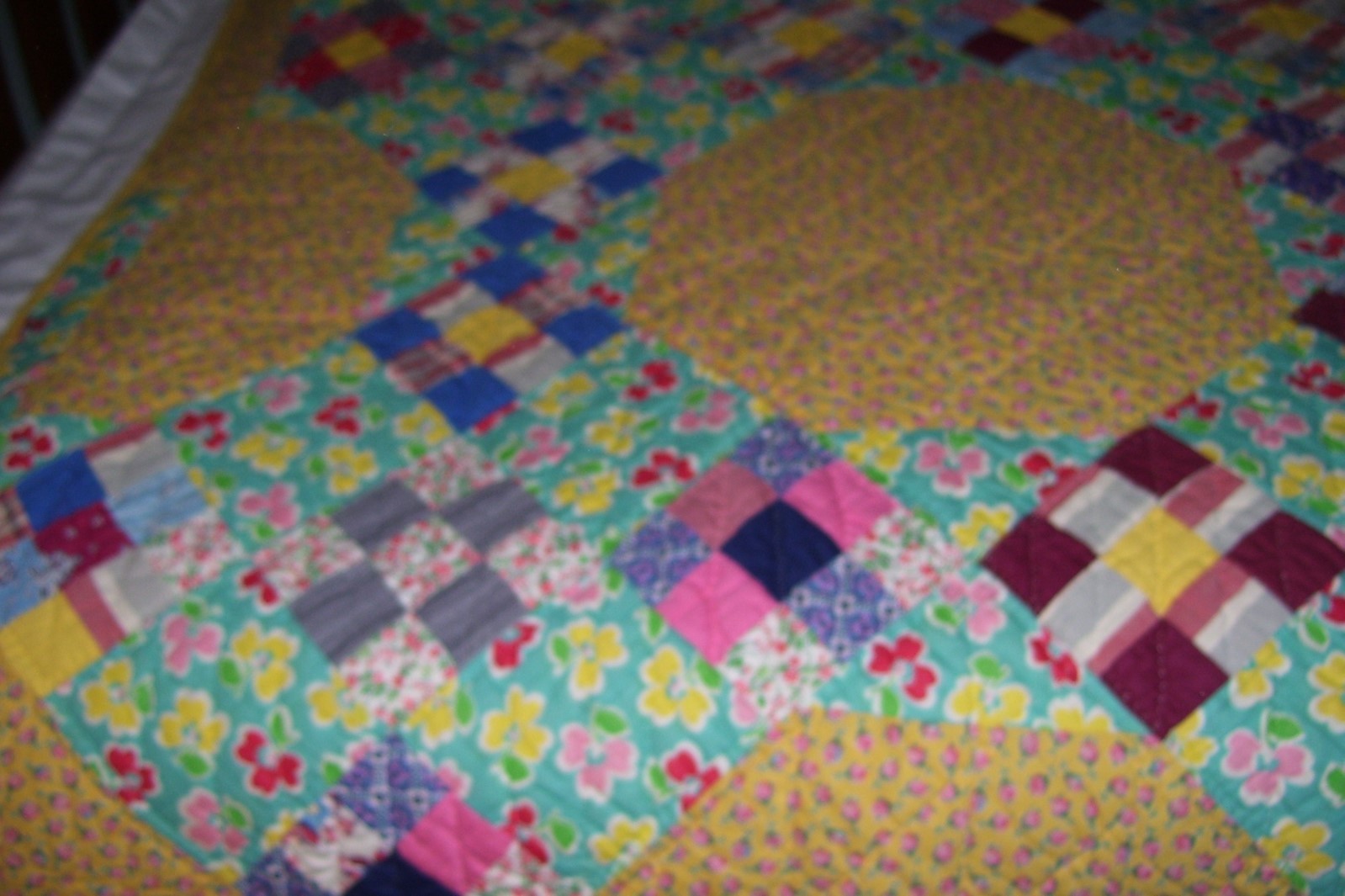 Wonderful Vintage Hand Quilted Yellow Floral Quilt 78 x 71