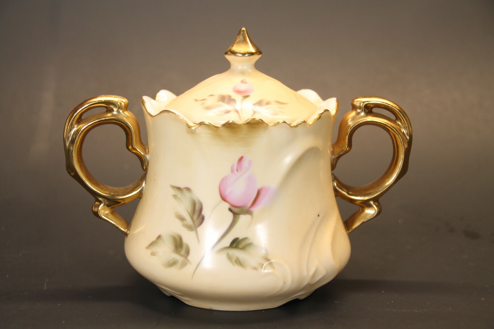 VINTAGE LEFTON CHINA SUGAR BOWL TAUPE ROSES WHITE PINK GOLD