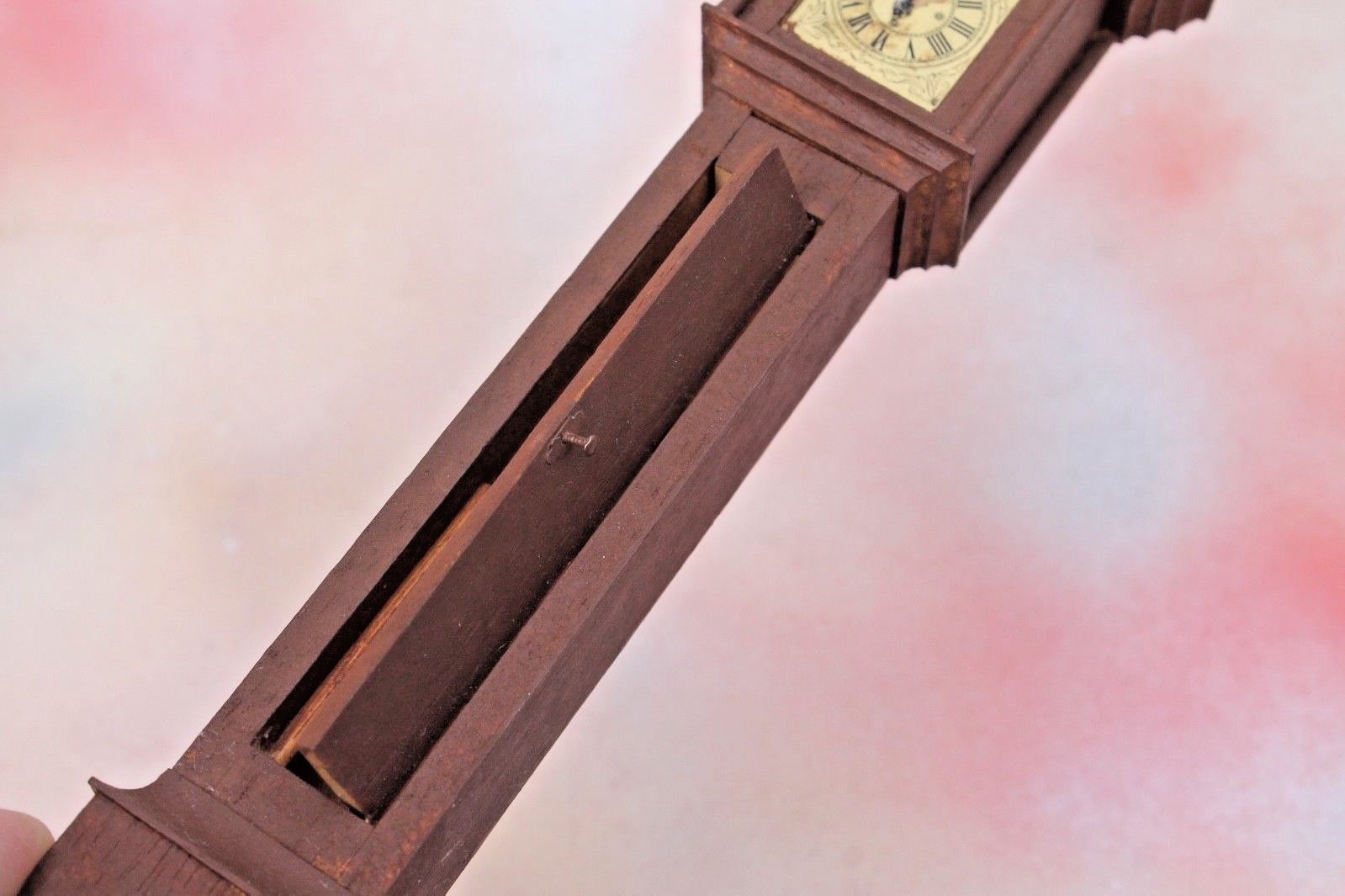 Dollhouse Grandfather Clock, Wood with gold tone metal pendulum in Cabinet