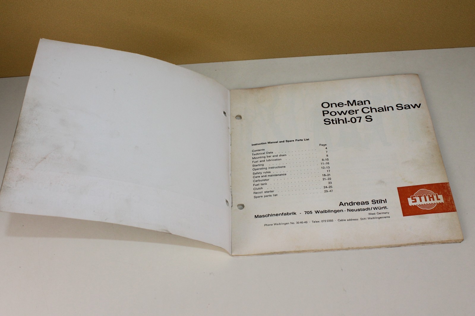 STIHL One-Man Power Chain Saw 07 S Instruction Manual & Spare Parts List