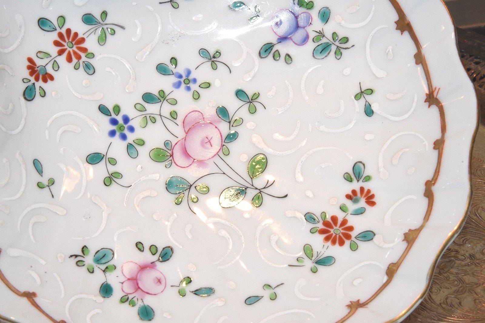 Sea Shell Floral Trinket  CANDY SOAP Dish Handpainted  FLORAL Gold Trim 8