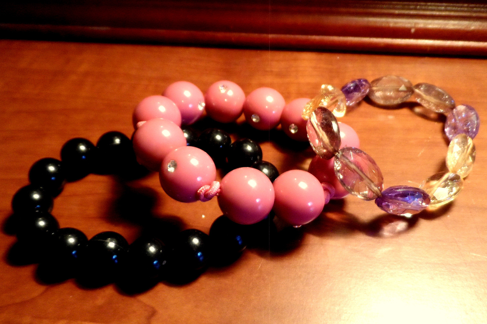 Lot of 3 VINTAGE BEADED Bracelets Black Pink Lavender Peach Retro Office Jewelry