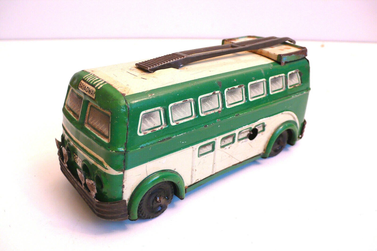 Bus Joustra Broadway En Tôle Lithographiée Blanc Et Vert, Modèle à Clé, Fabrication Française, Véhicule Ancien