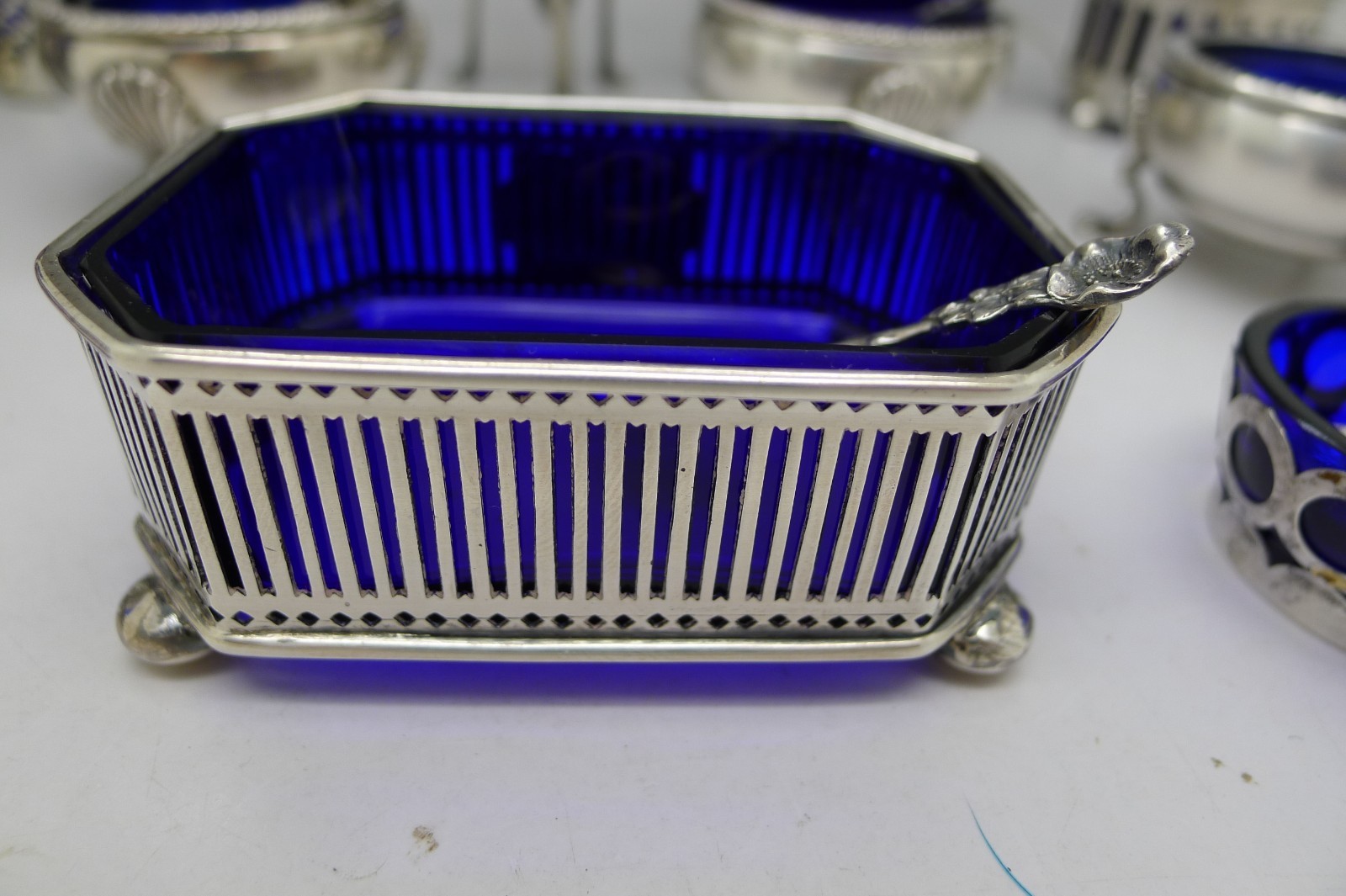 13 pc Sterling Silver Condiment Set Antique Cobalt Blue & Glass Spoons Mustard