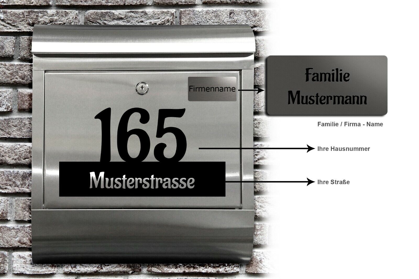 EDELSTAHL BRIEFKASTEN DESIGN mit GRAVUR NAMENSCHILD + AUFKLEBER HAUSNUMMER XL