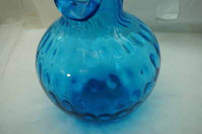 VICTORIAN GLASS PITCHER INVERTED THUMBPRINT BLUE RUFFLED RIM 9in TALL ANTIQUE