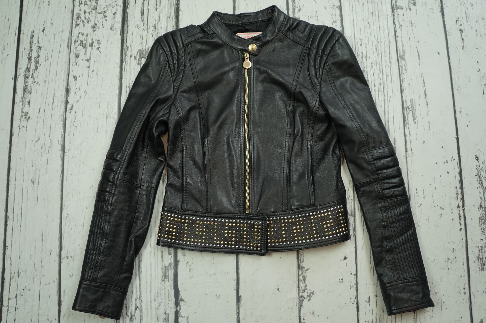 VERSACE For H&M Black Biker Gold Studded Zipper Leather