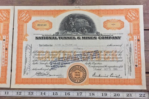2X National Tunnel & Mines Company Mining Stock Certificate Maine 1944 1946