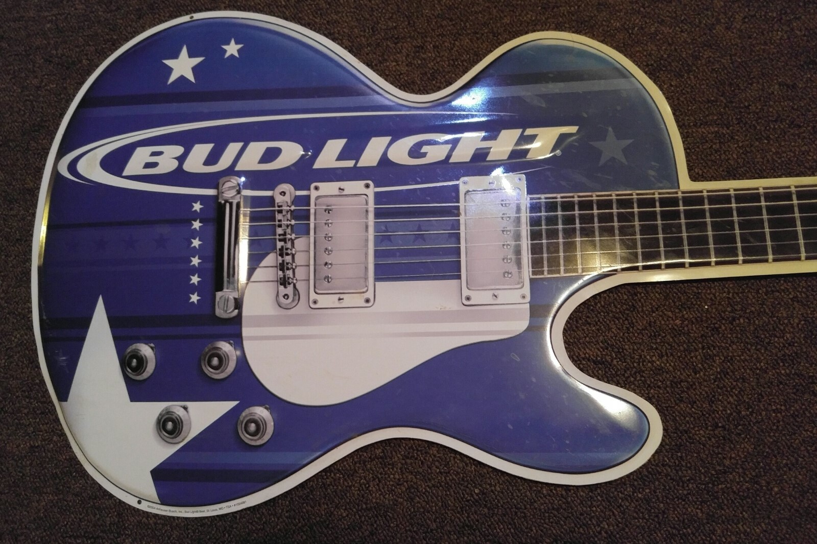 Budweiser Bud Light Guitar Tin Tacker 2004 38”x14”  Bar Sign Very Rare