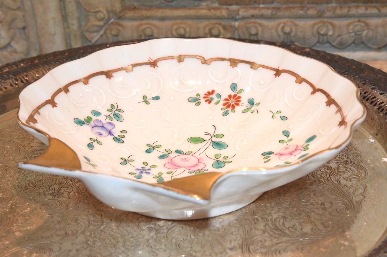 Sea Shell Floral Trinket  CANDY SOAP Dish Handpainted  FLORAL Gold Trim 8