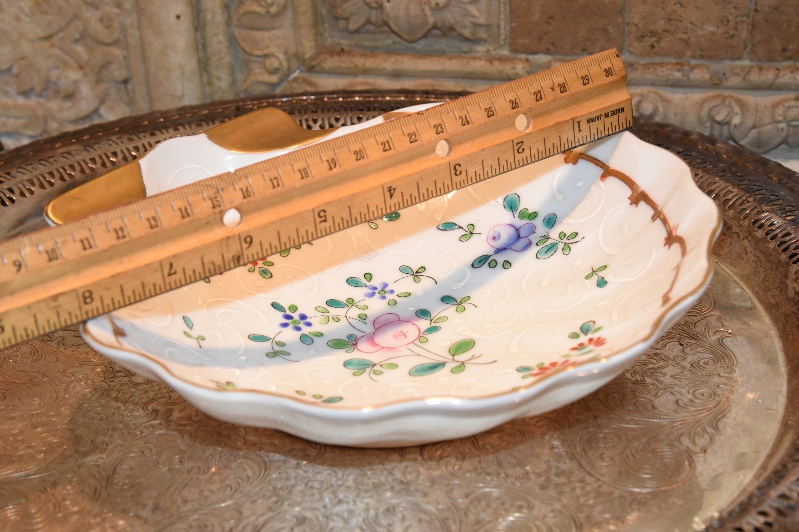 Sea Shell Floral Trinket  CANDY SOAP Dish Handpainted  FLORAL Gold Trim 8