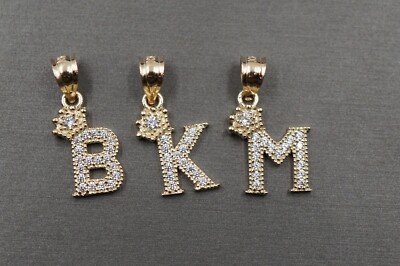 10K Solid Yellow Gold 0.8'' Crown Initial Letter Alphabet CZ Charm Pendant.