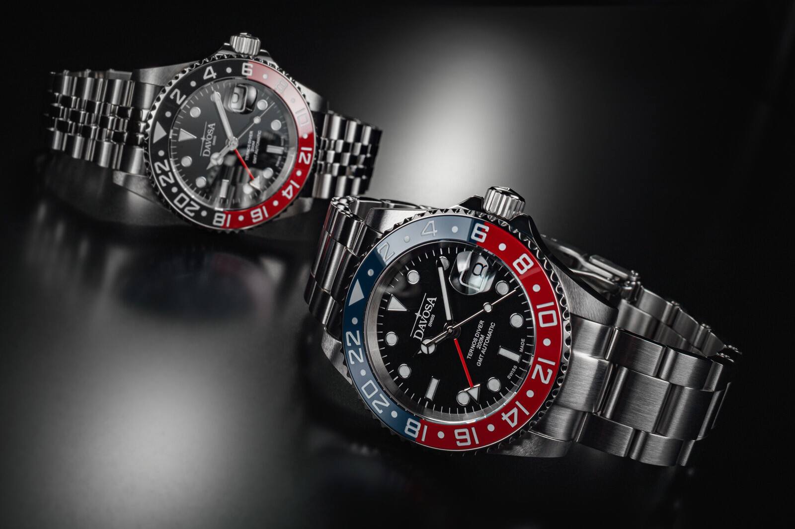 Pre-owned Davosa Ternos Gmt Automatic Diving Dualtime Watch Stainless Steel Red Blue 40mm