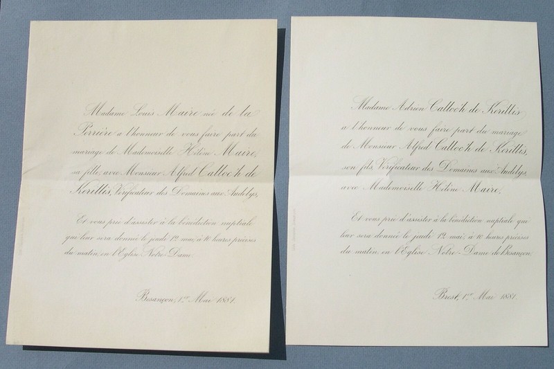 Faire Part Mariage 1881  Alfred Calloc'H De Kerillis & HÃ©LÃ¨Ne Maire 