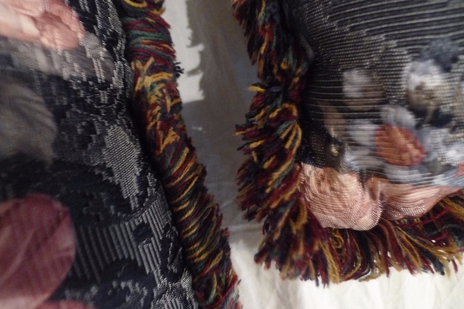 Lot 2 Vintage Burgundy Rose Tapestry Fringed Throw Pillows 19 Inch Square