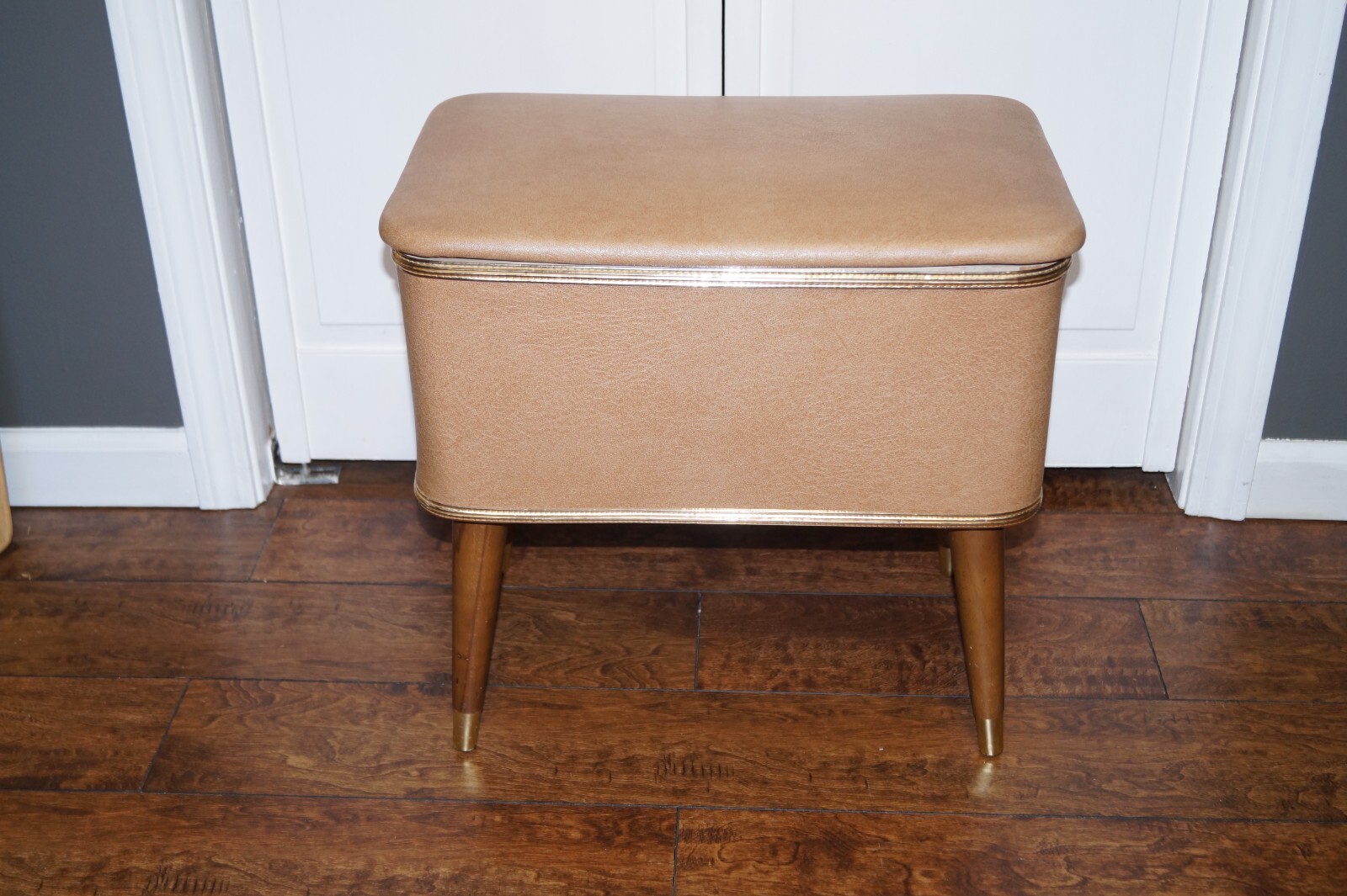 Vintage Burlington Hawkeye Sewing Storage Stool Bench MCM Ottoman Gold
