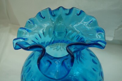 VICTORIAN GLASS PITCHER INVERTED THUMBPRINT BLUE RUFFLED RIM 9in TALL ANTIQUE