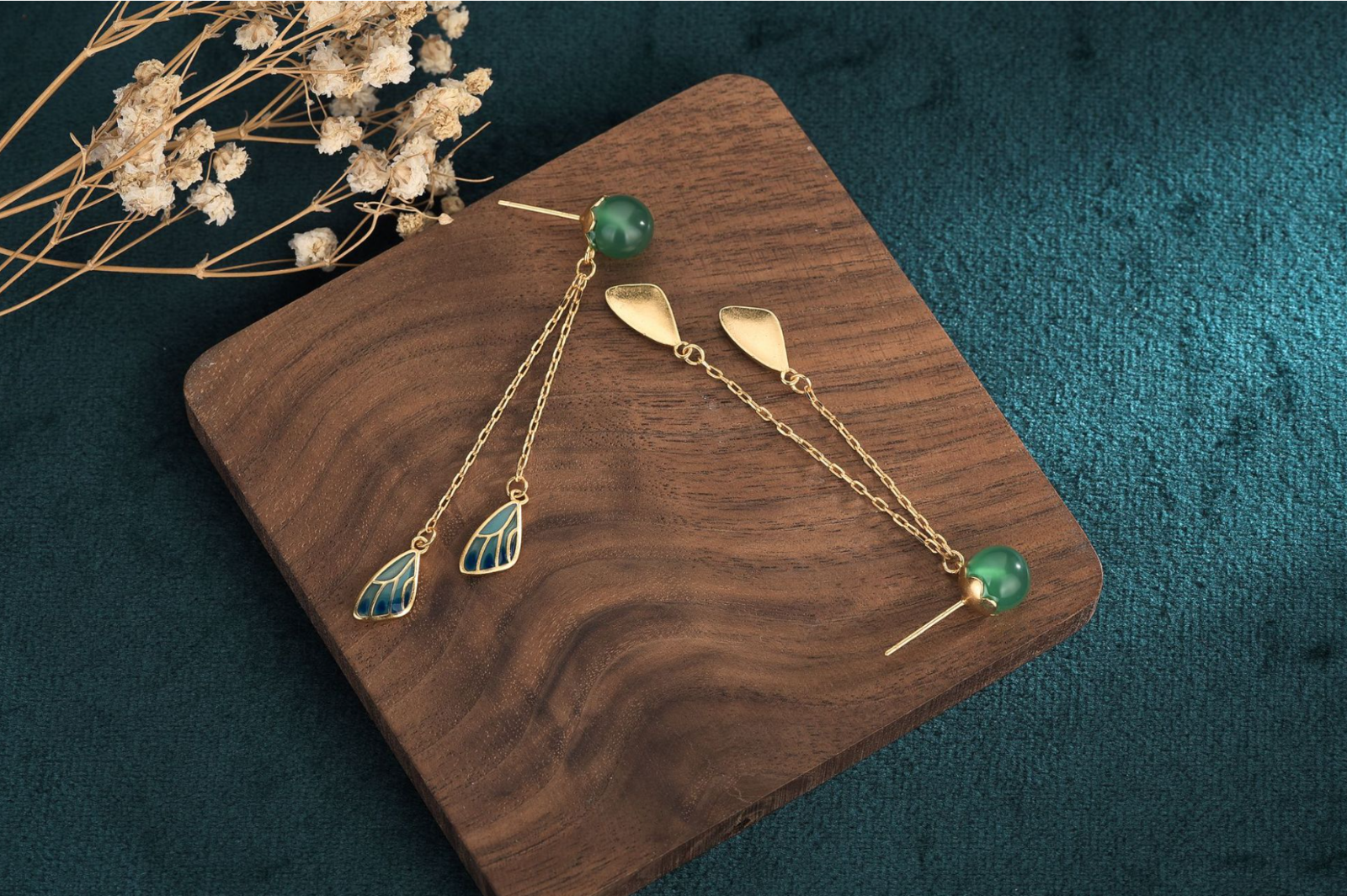 Jade Boho Drop Dangle Earrings Tassels Ear Stud 18K Gold Plated Wings Feather - Picture 6 of 7