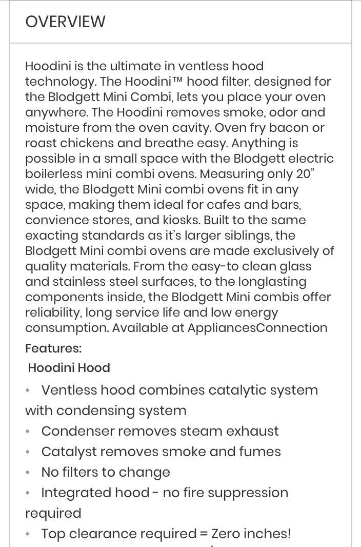 BLODGETT HOODINI COMBI OVEN ON STAND ; SELF-CONTAINED BUILT IN HOOD; NATURAL GAS