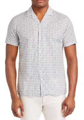$295 New Mens Altea Milano Beige Regular Fit Floral Print Short Sleeve Shirt L