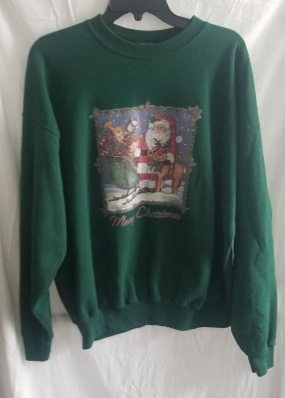 Hanes Christmas Sweatshirt Size XL - Green Santa Presents Holiday Vintage