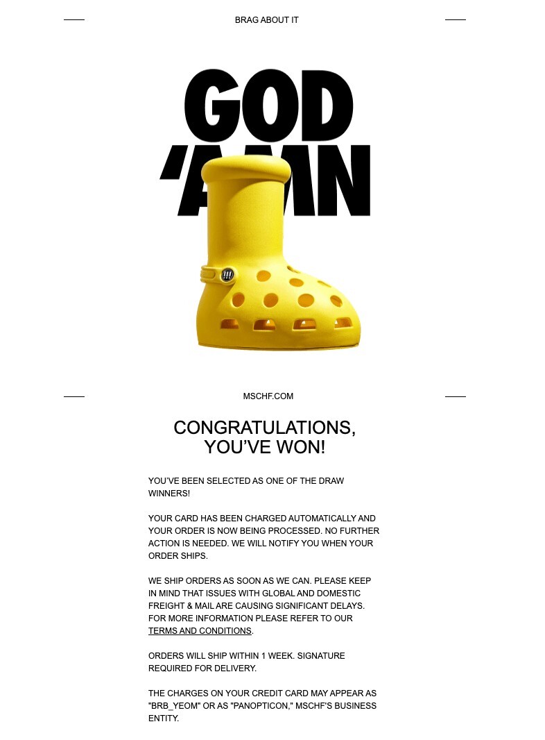Pre-owned Mschf X Crocs Us Mens Size 11 Big Yellow Boot Brb Big Red Boot Order Confirmed