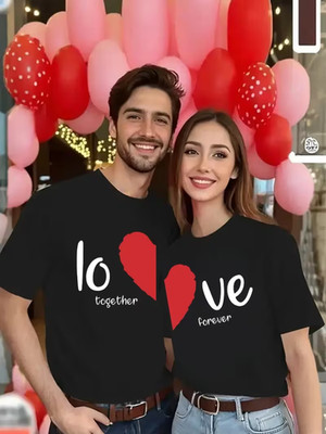 Couple Matching T-Shirts “Love Together Forever” Red & Pink Heart Unisex Tee