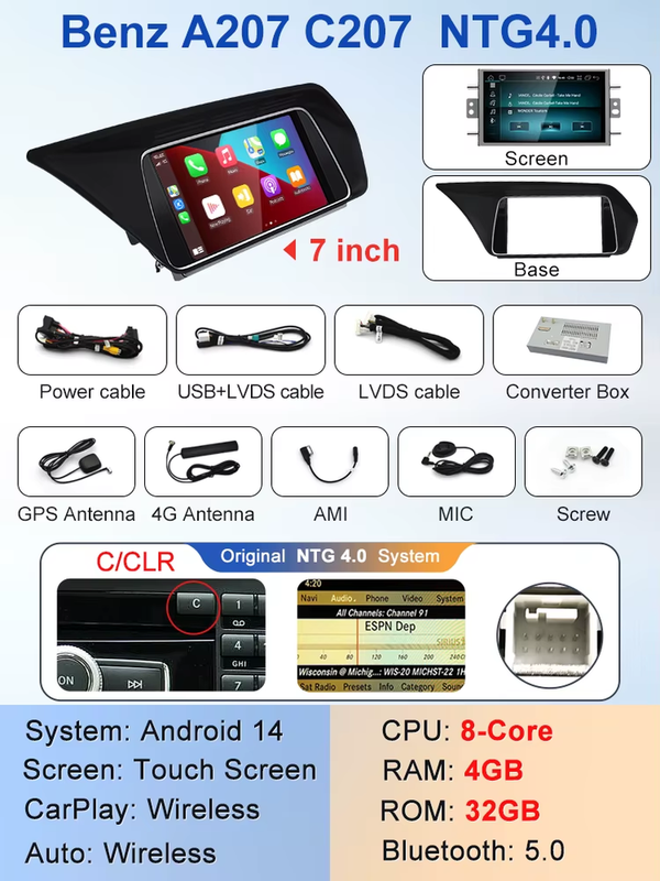 New Factory Price 7inch Android 14 Car Multimedia Players For Mercedes Benz E Cl