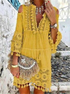 Boho Mini Dress Women Tassel loose V Neck Dresses Lady Beach Female Clothing New