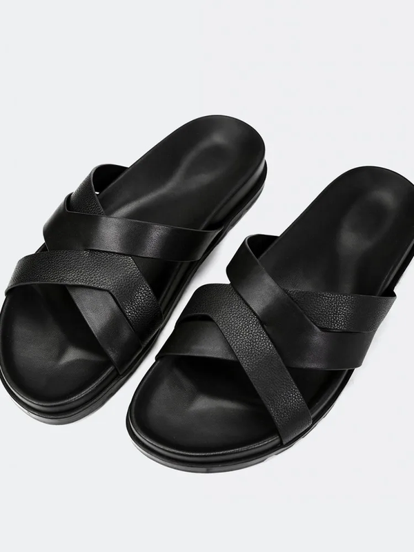 Mens Genuine Leather Black Slippers Woven Breathable Summer Casual Flat Slides