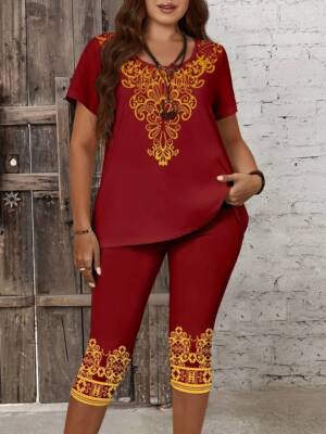 2PCS/ SET PLUS SIZE 18 20 22 24 BRICKY RED PAISLEY TOP T SHIRT LEGGINS STRETCH