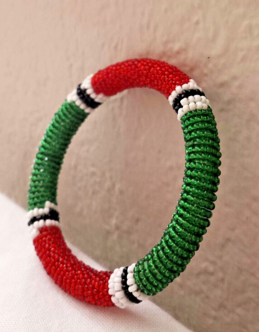Beaded Handmade Bangle Bracelet Kenyan Flag Red Green multicolor