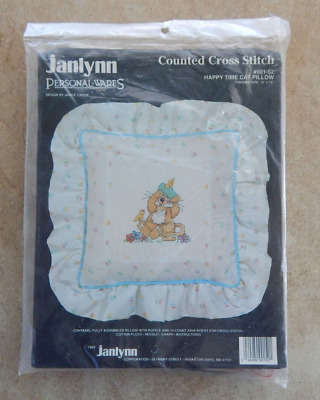 VTG (1989) NIOP Janlynn Cross Stitch Kit HAPPY TIME CAT PILLOW #901-52 Aida