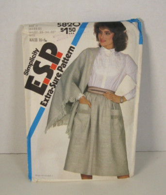 Simplicity Extra-Sure Pattern 5820 Skirt w/ Pockets & Shawl Misses' 6-10 Uncut