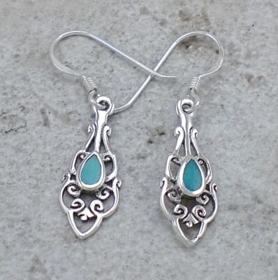 UNIQUE 925 STERLING SILVER TURQUOISE FILIGREE DANGLING EARRINGS style# e1033