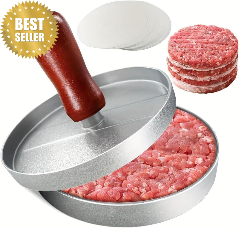 Burger Press with 100 Wax Patty Papers, Non-Stick Aluminum Hamburger Patty Maker