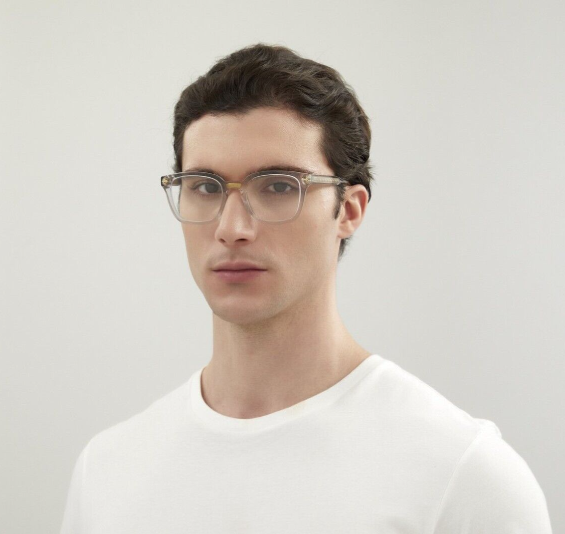 Gucci Men Eyeglasses Grey Clear Gold Demo Square GG0184O 005