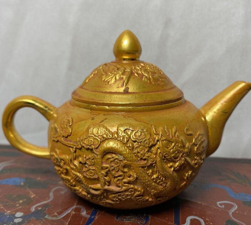 Chinese copper dragon phoenix tea pot collect statue hand piece gift table deco