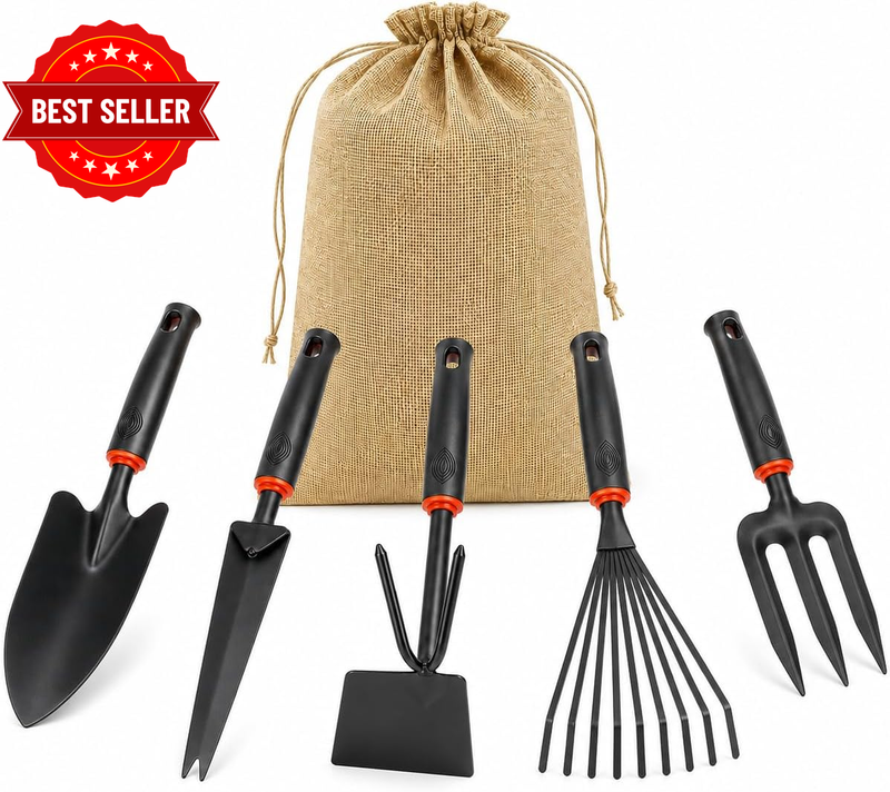 5 PCS Heavy‑Duty Stainless Steel Gardening Hand Tool Set, Wide Shovel, Weeder, 2