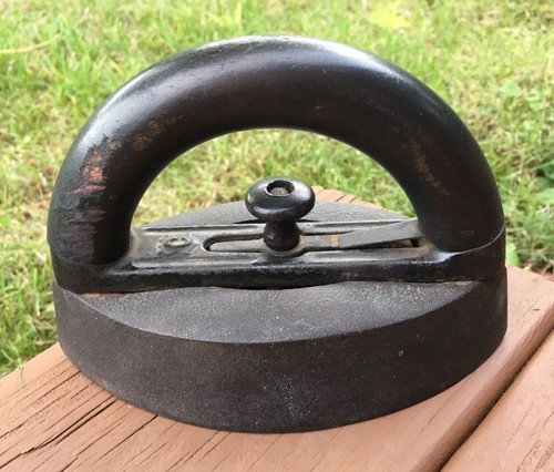 Antique Sad Iron with Rounded Wooden Handle-Vintage-Primitive-Decor-Door Stop