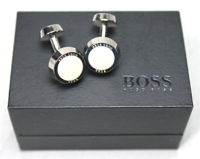 Hugo Boss Cufflinks Enamel Easy Fit Wedding Party Logo Silver