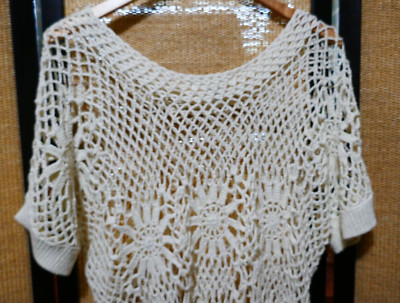 Say What Large Ivory Crocheted Short SleeveBoho Cover Up Top